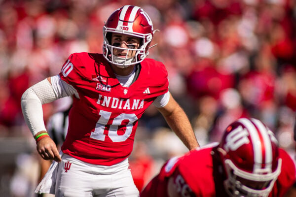 Indiana quarterback Josh Hoover (#10) calls out signals at the line of scrimmage against Ohio State on Oct. 17, 2026, at Memorial Stadium, in Bloomington, Ind. (Photo/Josh Herd)