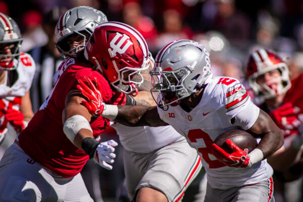 Ohio State running back Bo Jackson (#25) breaks through the Indiana defense as he rushes with the football on Oct. 17, 2026, at Memorial Stadium, in Bloomington, Ind. (Photo/Josh Herd)