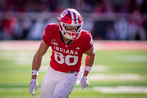Indiana wide receiver Charlie Becker (#80) gets into position on the field during action against Ohio State on Oct. 17, 2026, at Memorial Stadium, in Bloomington, Ind. (Photo/Josh Herd)