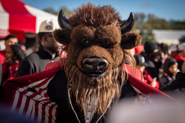 The Indiana University Bison mascot greets fans outside the stadium prior to kickoff against Ohio State on Oct. 17, 2026, at Memorial Stadium, in Bloomington, Ind. (Photo/Josh Herd)