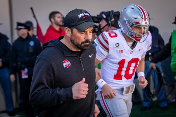 Ohio State head coach Ryan Day leads quarterback Julian Sayin (#10) onto the field before kickoff against Indiana on Oct. 17, 2026, at Memorial Stadium, in Bloomington, Ind. (Photo/Josh Herd)