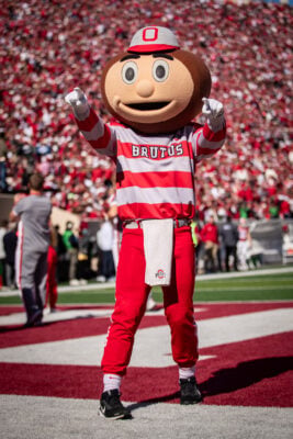Ohio State mascot Brutus Buckeye points to the crowd during the matchup against Indiana on Oct. 17, 2026, at Memorial Stadium, in Bloomington, Ind. (Photo/Josh Herd)