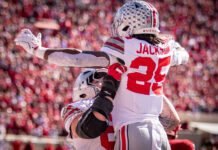 Ohio State running back Bo Jackson (#25) is lifted in celebration after scoring against Indiana on Oct. 17, 2026, at Memorial Stadium, in Bloomington, Ind. (Photo/Josh Herd)