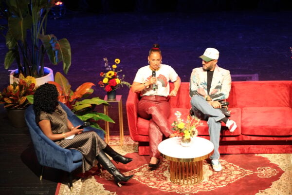 Alicia Keys and Kasseem Dean, known as Swizz Beatz, being interviewed by Belinda Tate, the Melvin & Bren Simon director of the Indianapolis Museum of Art on Sept. 20, 2026. (Photo/ Camike Jones)
